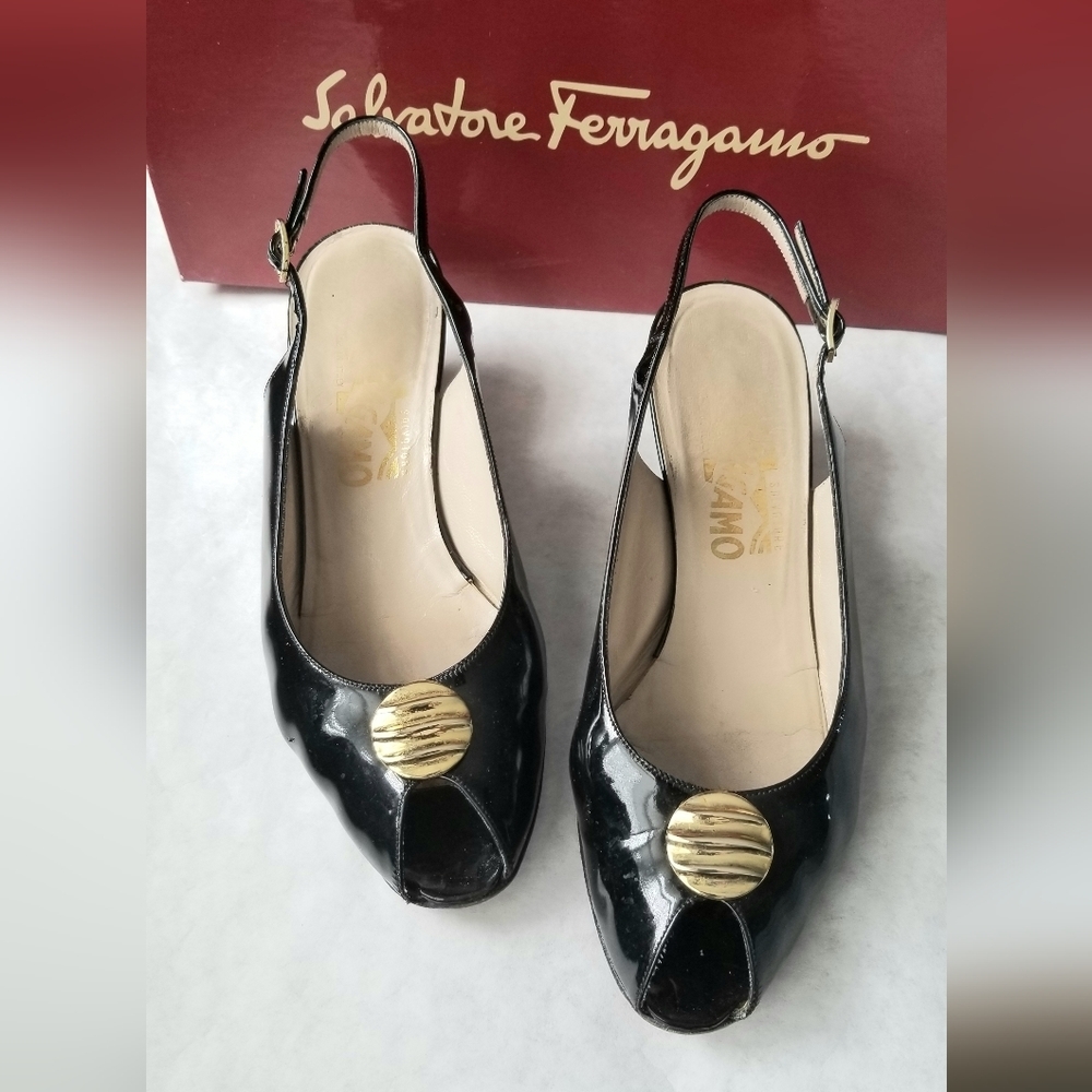 Ferragamo black patent leather sling back kitten heels
